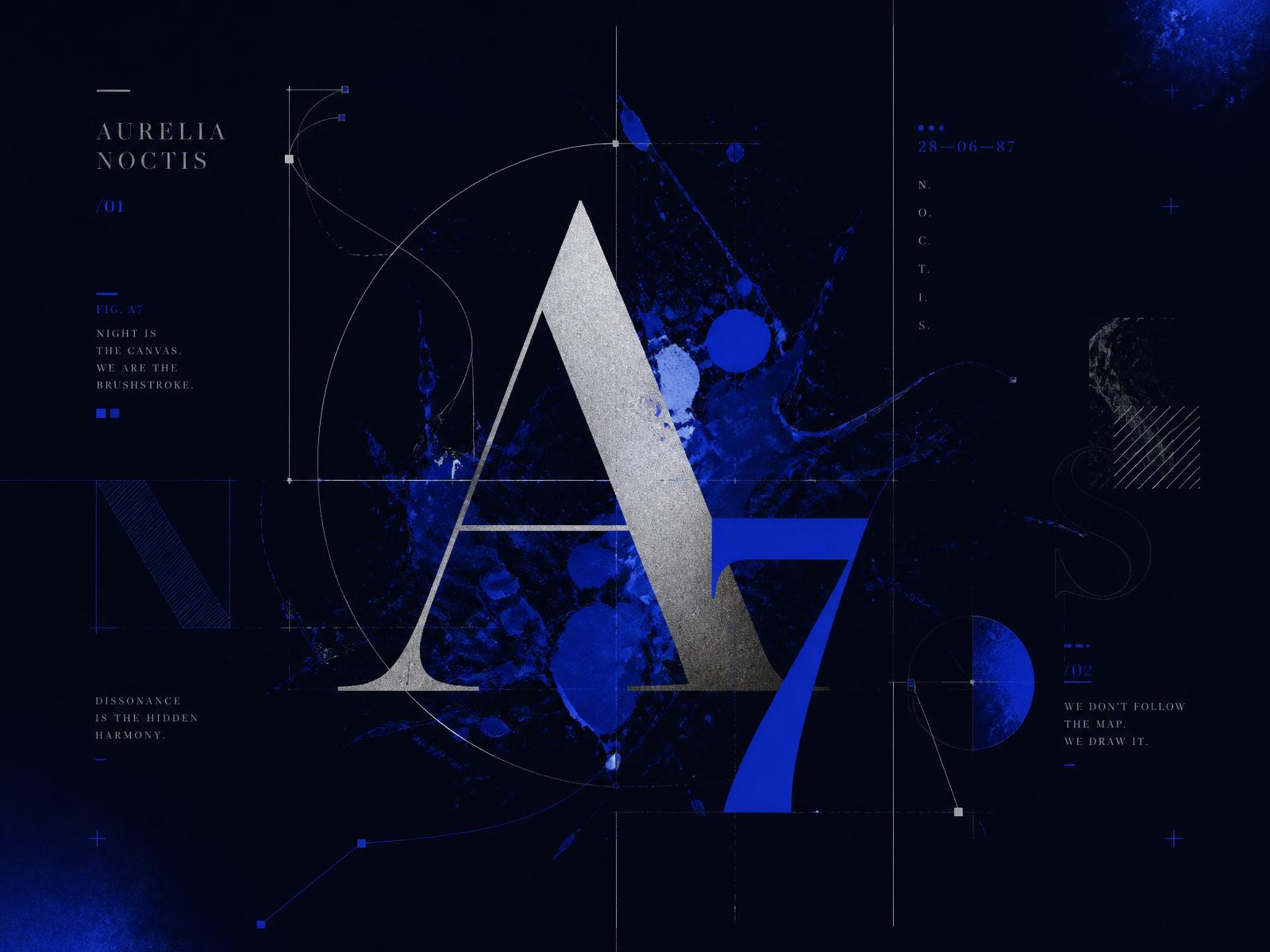 Abstract graphic design composition with typography, vector paths and blue ink elements