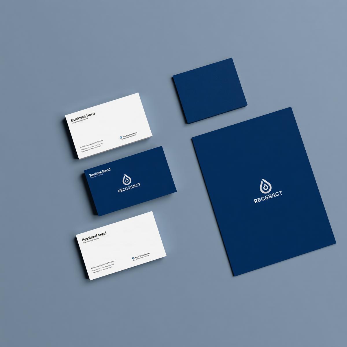Modern brand identity design stationery set with business cards and folder in navy and silver