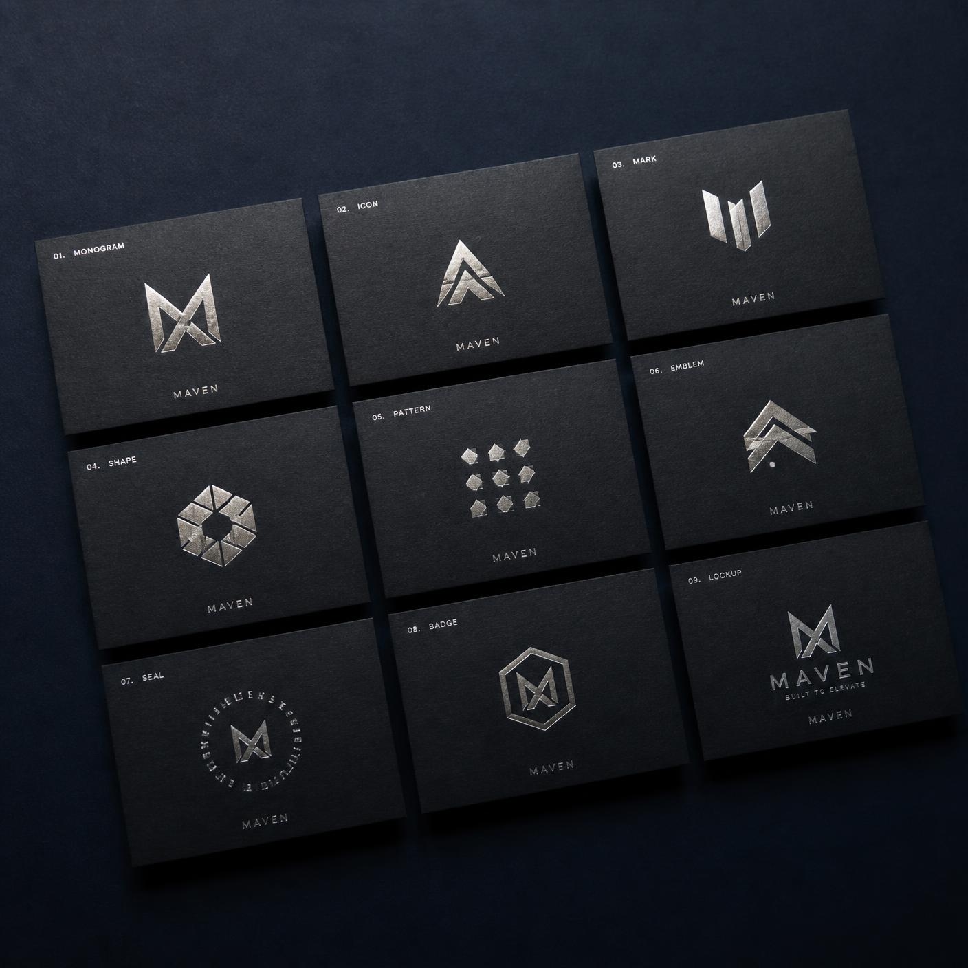 Minimal logo system grid with geometric marks in silver on dark background
