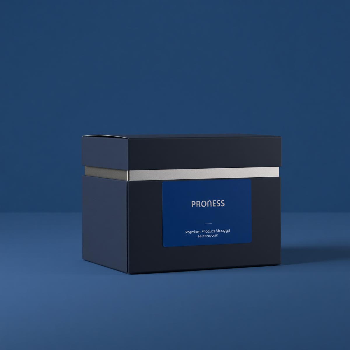 Premium navy product packaging box with silver band and blue label
