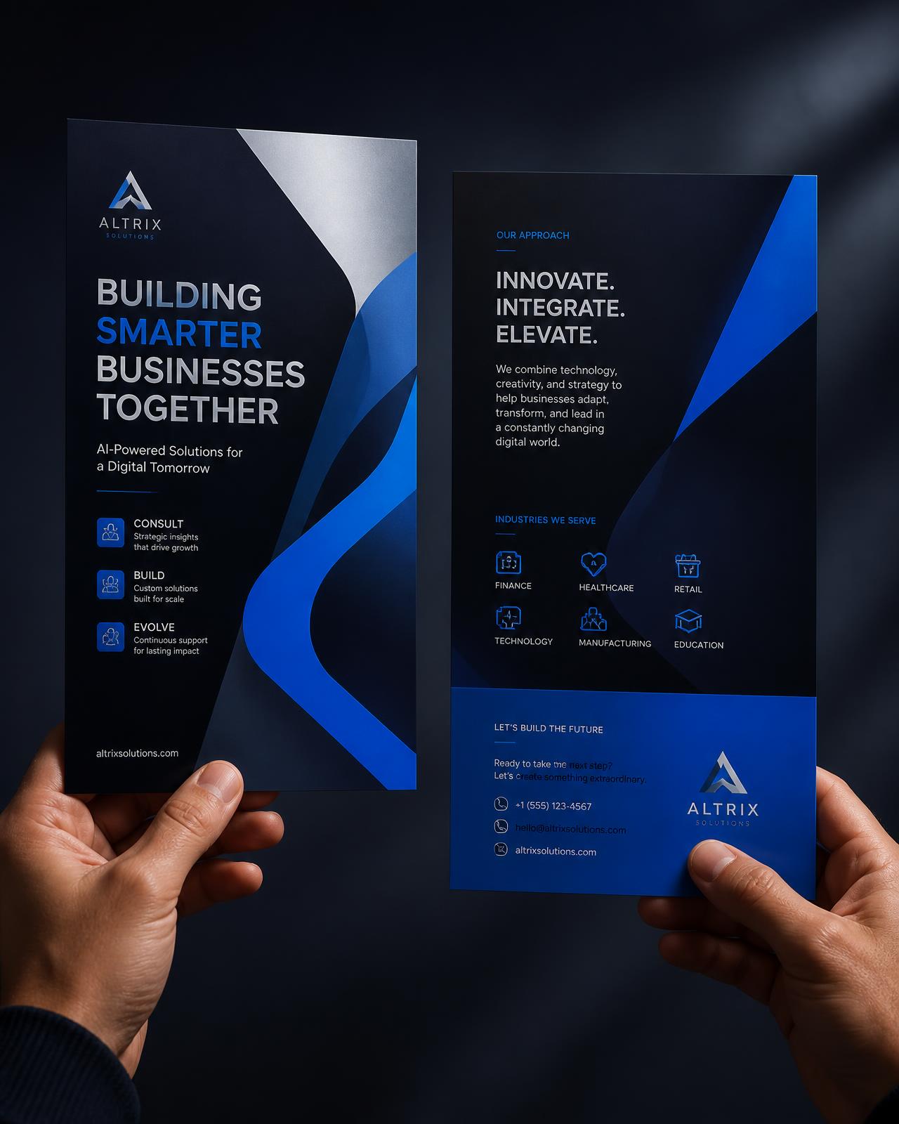 Promotional flyer print design with bold typography and blue graphic shapes