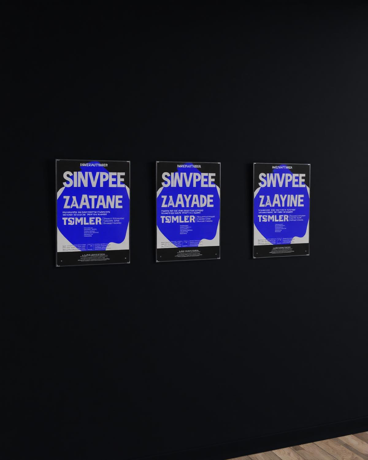 Event poster series with bold typography and blue abstract shapes mounted on a dark wall
