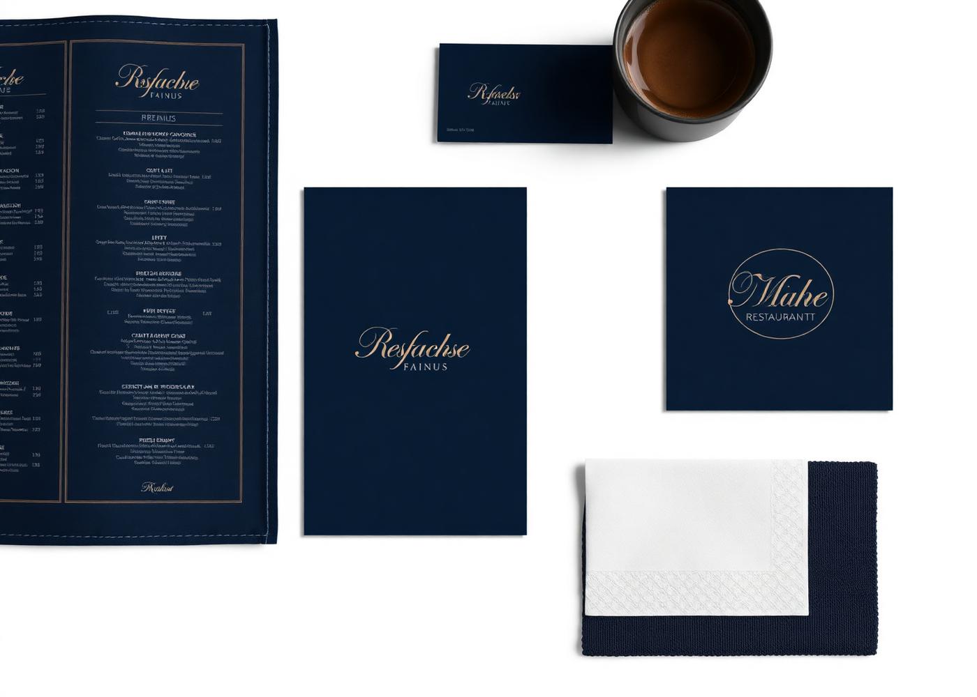 Restaurant brand identity design with navy menu, business card and napkin